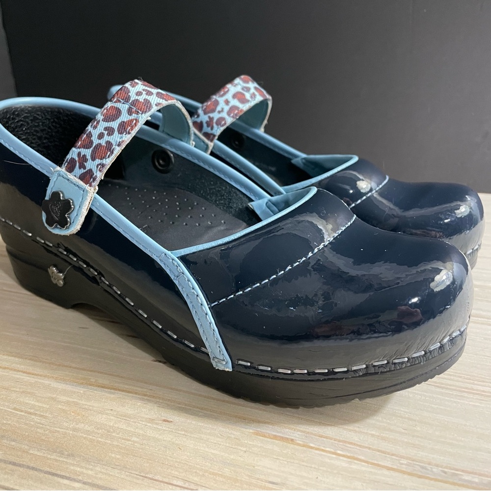 Like new, beautiful blue patent leather Sanita clogs size 37 (Euro) 6 1/2 (US).